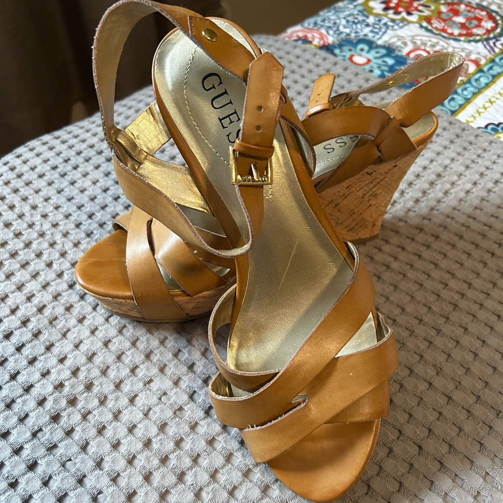 Guess Women's Gold and Tan Wedge Sandals